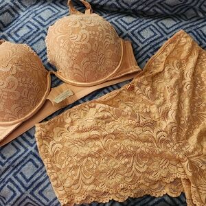 Lane Bryant Cacique Lace Bra & Panty Set in Beige